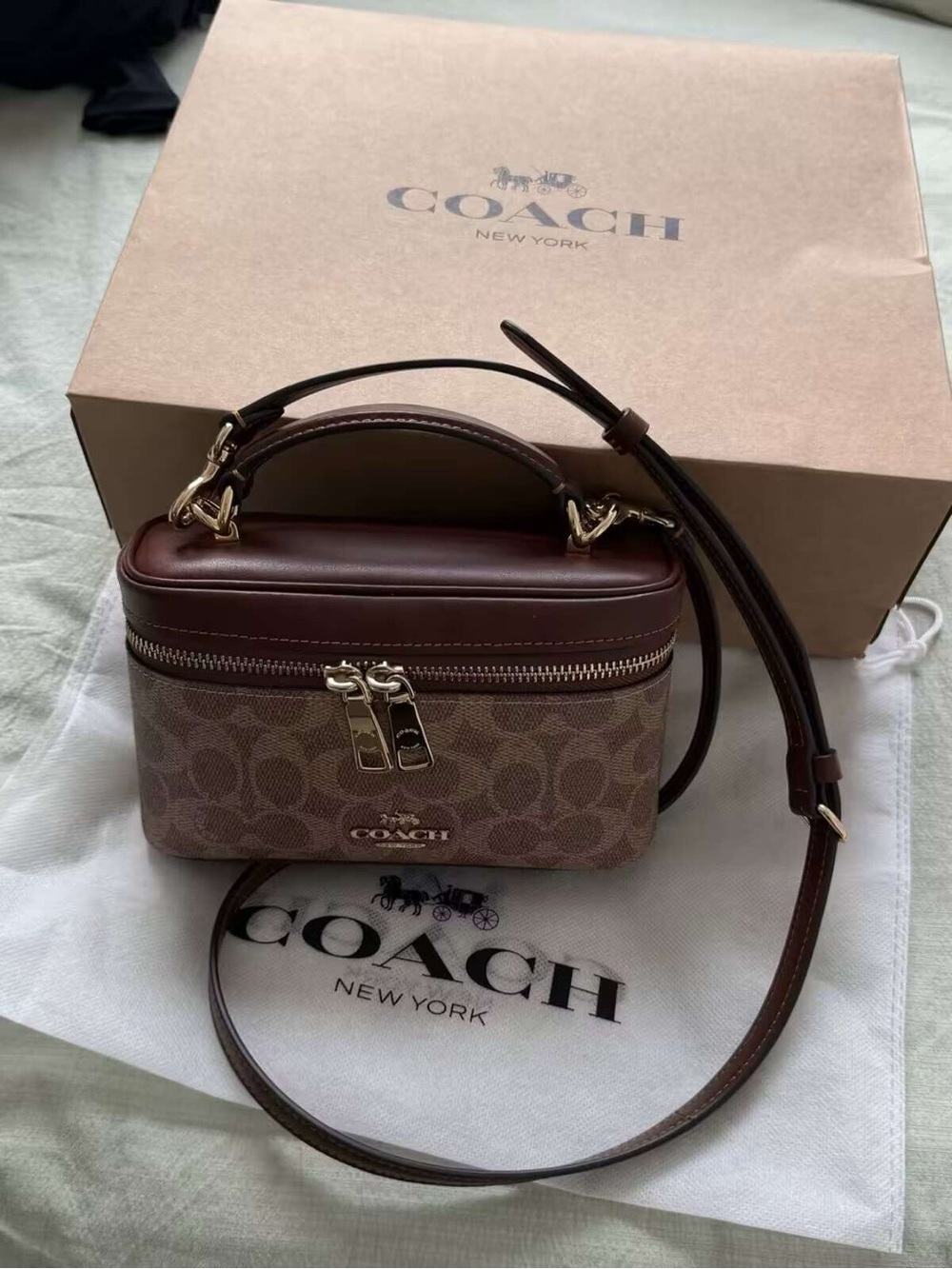 Coach Brown Signature Mini Vanity Crossbody with Maroon Trim